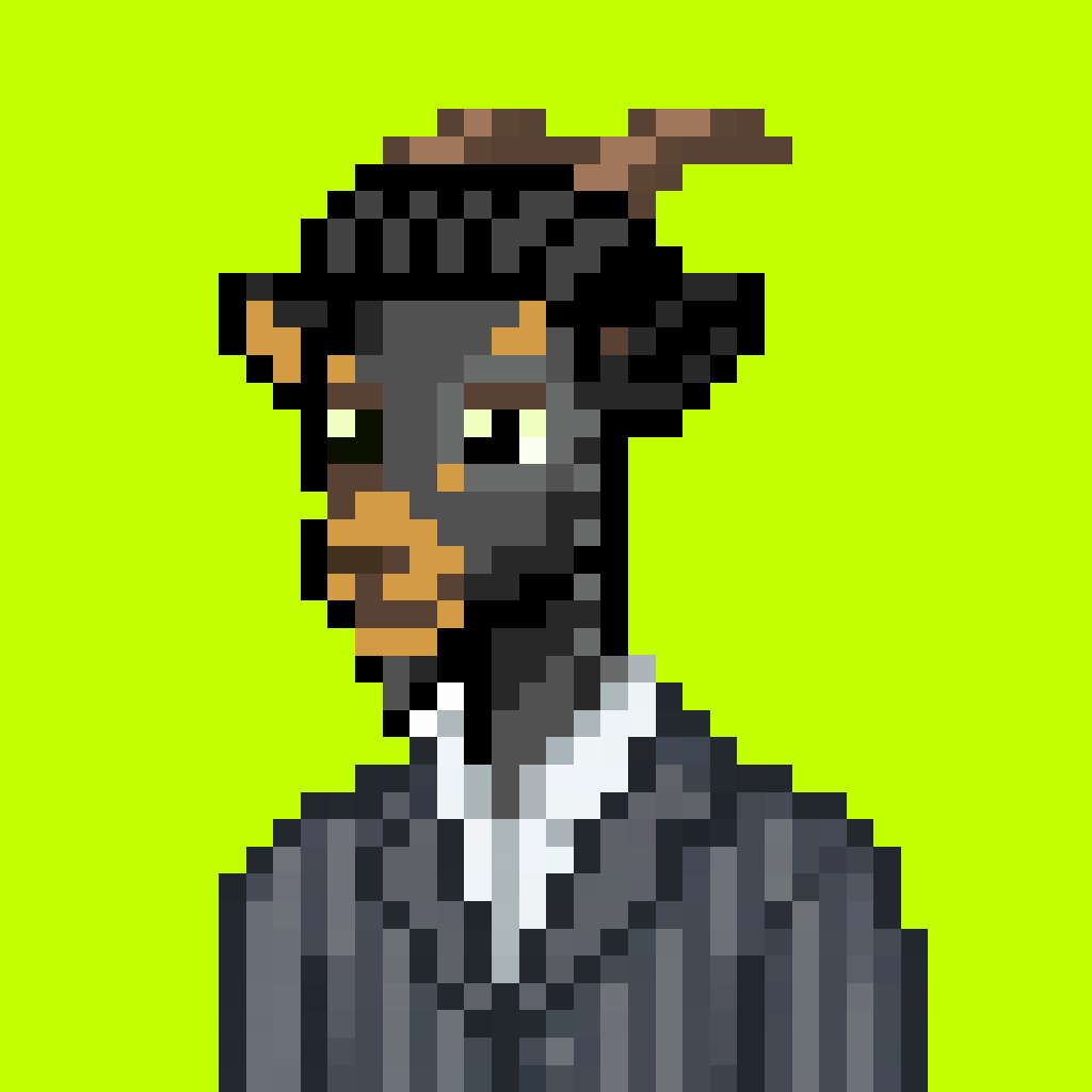 A dark-furred Goat pixel-art PFP in a flat cap and pinstripe suit on a lime background